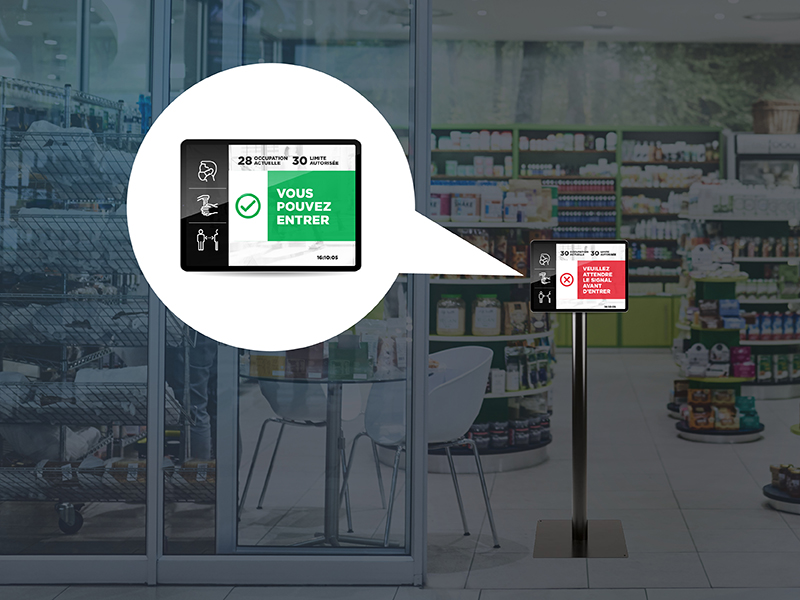 Indicateur d'état d'entrée du magasin affiché sur une tablette indiquant si l'entrée est autorisée ou non.