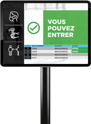 Indicateur de file d'attente virtuelle sur une tablette et un poteau indiquant si l'entrée du commerce est autorisée ou non.