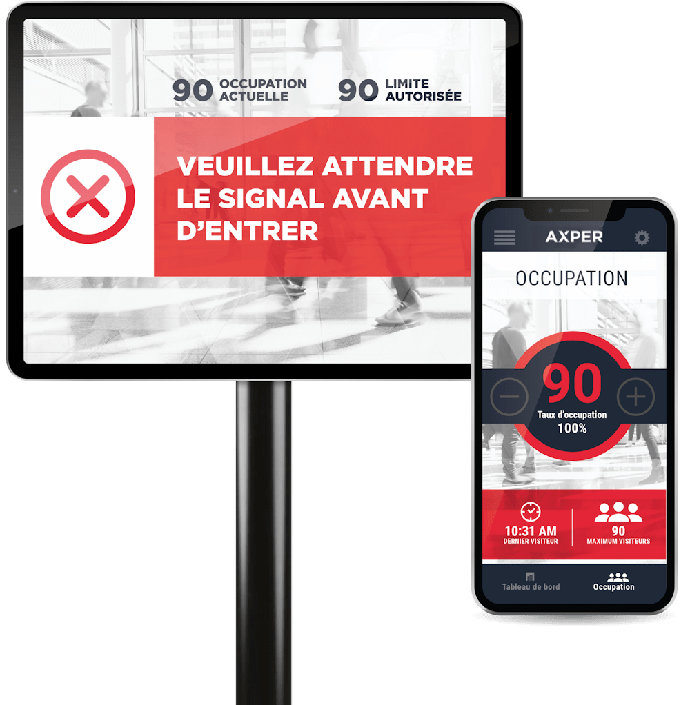 Nous voyons l'interface d'un programme sur un mobile qui affiche la file d'attente virtuelle et le taux d'occupation en pourcentage. La tablette sur pied indique : "Veuillez attendre le signal avant d'entrer".