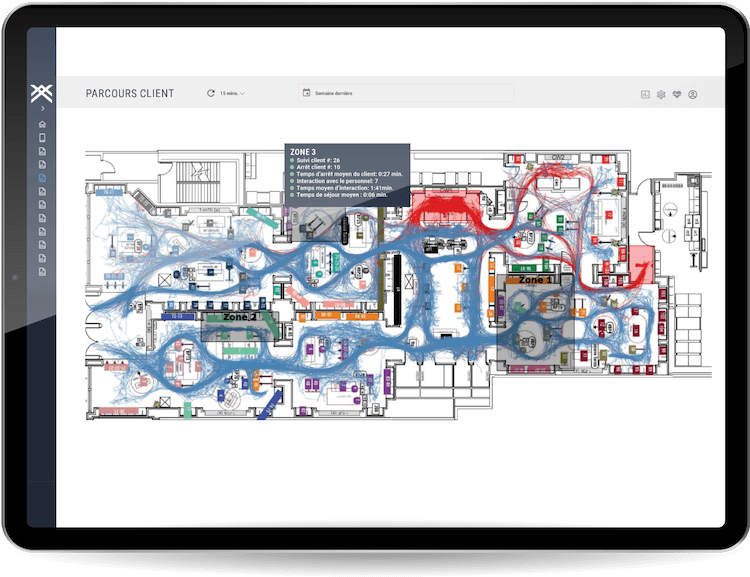 Tablette affichant l'interface et les résultats d'un parcours consommateur à l'intérieur d'un magasin le tout avec des couleurs individuelles.